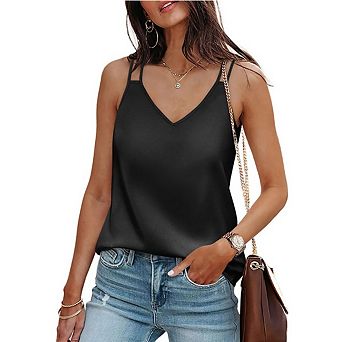 Women's Double Spaghetti Strap V Neck Tank Tops Loose Casual Sleeveless Solid Color Top