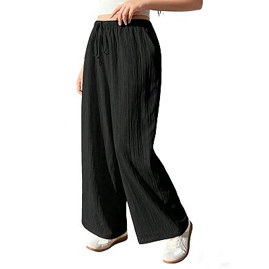 Women Plus Size Textured Drawstring Elastic Waist Wide Leg Straight Long Pants Casual Pocket Trouser