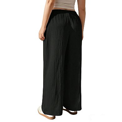 Women Plus Size Textured Drawstring Elastic Waist Wide Leg Straight Long Pants Casual Pocket Trouser
