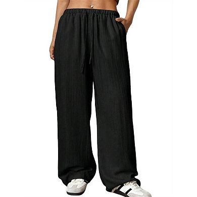 Women Plus Size Textured Drawstring Elastic Waist Wide Leg Straight Long Pants Casual Pocket Trouser