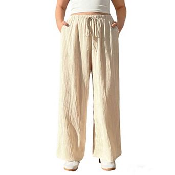 Women Plus Size Textured Drawstring Elastic Waist Wide Leg Straight Long Pants Casual Pocket Trouser