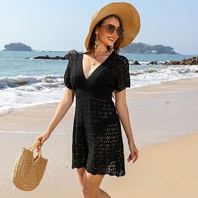Women's Deep V Neck Crochet Mini Beach Dress Swimwear Cover Up
