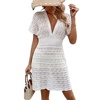 Women's Deep V Neck Crochet Mini Beach Dress Swimwear Cover Up