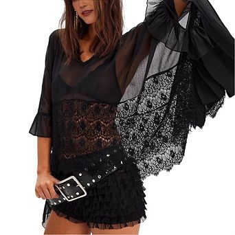 Women Sheer Poncho Top Oversized V Neck Batwing Sleeve Fairy Lace See Through Mesh Flowy Blouse