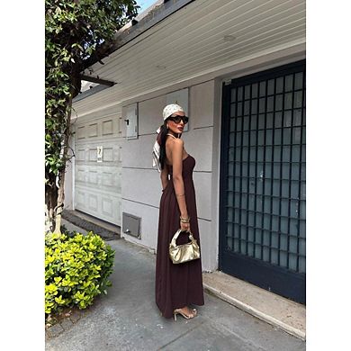 Elegant Sleeveless Strapless Long Dress with Draped Backless Design and High Waist for Parties