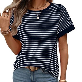 Women's Casual Striped T Shirt Round Neck Short Sleeve Loose Fit Summer Top