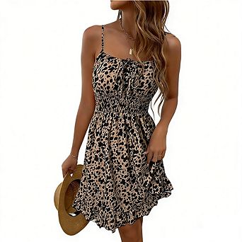 Women Floral Spaghetti Strap Dress Sweet Ruffle Hem Mini Dress with Smocked Waist
