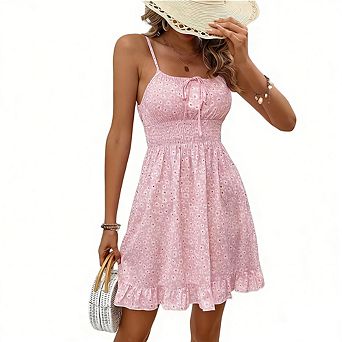 Women Floral Spaghetti Strap Dress Sweet Ruffle Hem Mini Dress with Smocked Waist