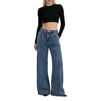 Women's Relaxed Fit Wide Leg Denim Trousers High Rise Pleated Front Full Length Jeans Pants