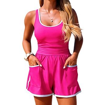 Women's Causal Sporty One Piece Swimsuit Color Block Racerback Swim Romper with Pockets
