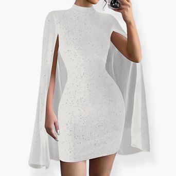 Women's Bodycon Glitter Mini Dress Mock Neck Cloak Sleeve Cocktail Shimmering Elegant Dresses