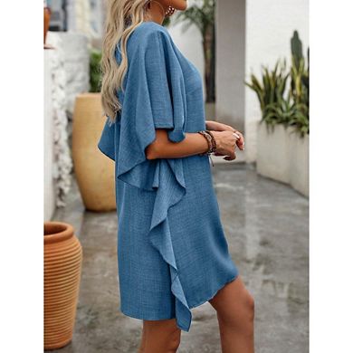 Women's Casual Short Sleeve Dresses Solid Color Loose Summer Ruffled Flowy V Neck Dress