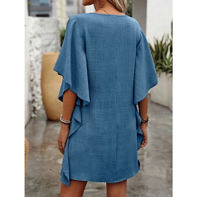Women's Casual Short Sleeve Dresses Solid Color Loose Summer Ruffled Flowy V Neck Dress