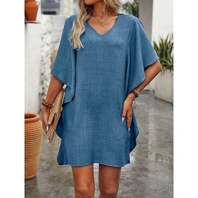 Women's Casual Short Sleeve Dresses Solid Color Loose Summer Ruffled Flowy V Neck Dress