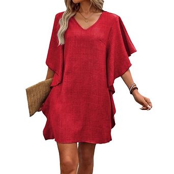 Women's Casual Short Sleeve Dresses Solid Color Loose Summer Ruffled Flowy V Neck Dress