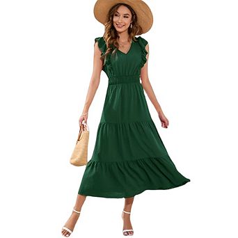 Womens Boho Midi Dress Short Cap Sleeve V Neck Smocked Waist Tiered Floral Flowy Casual Dress