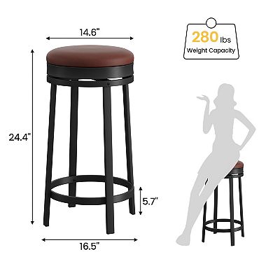 Round Bar Stools,24 Inch Swivel Bar Stools with Adjustable Footrest,Backless PU Leather Stools