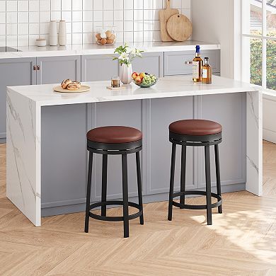 Round Bar Stools,24 Inch Swivel Bar Stools with Adjustable Footrest,Backless PU Leather Stools