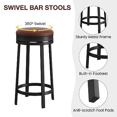 Round Bar Stools,24 Inch Swivel Bar Stools with Adjustable Footrest,Backless PU Leather Stools