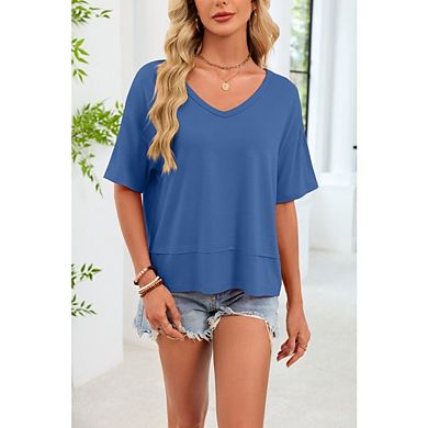 Women's Casual Short Sleeve Blouse T Shirt V Neck Drop Shoulder Loose ...