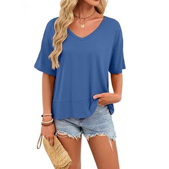 Women's Casual Short Sleeve Blouse T Shirt V Neck Drop Shoulder Loose Fit Top
