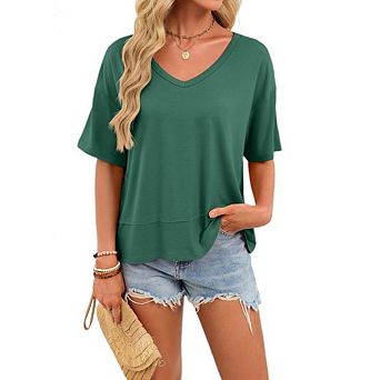 Women's Casual Short Sleeve Blouse T Shirt V Neck Drop Shoulder Loose Fit Top