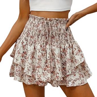 Womens Ditsy Floral Smocked Elastic High Waist Skort Layered Ruffle Casual Summer Flowy Swing Shorts