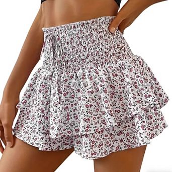 Womens Ditsy Floral Smocked Elastic High Waist Skort Layered Ruffle Casual Summer Flowy Swing Shorts