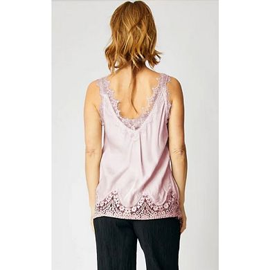 Women Satin Lace Trim Camisole Sleeveless Strap V Neck Tank Patchwork Going Out Layer Cami Shirt