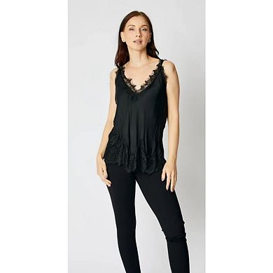 Women Satin Lace Trim Camisole Sleeveless Strap V Neck Tank Patchwork Going Out Layer Cami Shirt