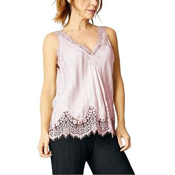 Women Satin Lace Trim Camisole Sleeveless Strap V Neck Tank Patchwork Going Out Layer Cami Shirt