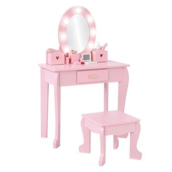 Kids' Vanity Table & Chair Set with Mirror,Makeup Dressing Table with Touch Lights & Makeup Playset
