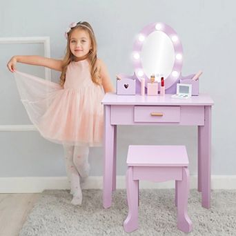Kids' Vanity Table & Chair Set with Mirror,Makeup Dressing Table with Touch Lights & Makeup Playset