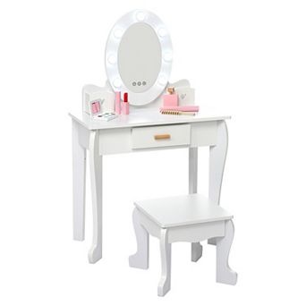 Kids' Vanity Table & Chair Set with Mirror,Makeup Dressing Table with Touch Lights & Makeup Playset