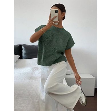 Women's Short Sleeve Sweater 3D Floral Sweaters Causal Knit Vest Tank Tops