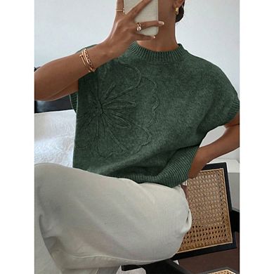 Women's Short Sleeve Sweater 3D Floral Sweaters Causal Knit Vest Tank Tops