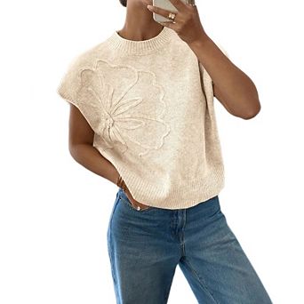 Women's Short Sleeve Sweater 3D Floral Sweaters Causal Knit Vest Tank Tops