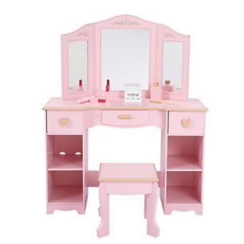 Kids Vanity Table with Tri-Folding Mirror and Stool,Vanity Set with Mirror & Drawers for Kid Age 3-9