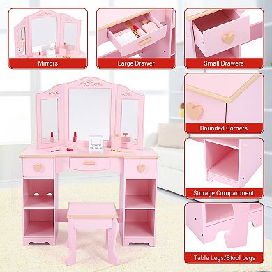 Kids Vanity Table with Tri-Folding Mirror and Stool,Vanity Set with Mirror & Drawers for Kid Age 3-9