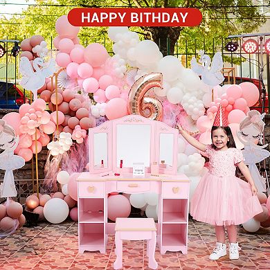 Kids Vanity Table with Tri-Folding Mirror and Stool,Vanity Set with Mirror & Drawers for Kid Age 3-9