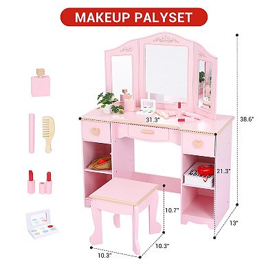 Kids Vanity Table with Tri-Folding Mirror and Stool,Vanity Set with Mirror & Drawers for Kid Age 3-9