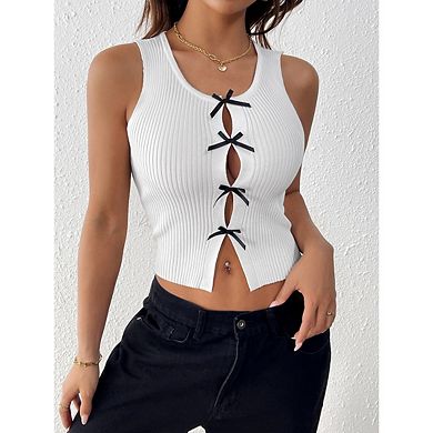 Women's Crochet Knit Vest Tops Sleeveless Button Down Bow Tie Tank Tops