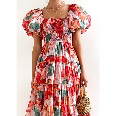 Women's Puff Sleeve Off Shoulder Dress Boho Flowy Ruched Summer Vacation Trendy
