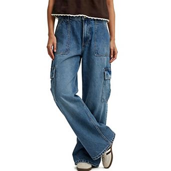 Women's High Waisted Cargo Jeans Baggy Wide Leg 90s Utility Pants with Pockets