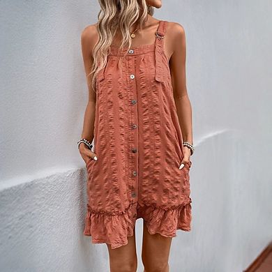 Women's Casual Ruffle Hem Square Neck Dress Solid Color Button Front Dress with Pockets