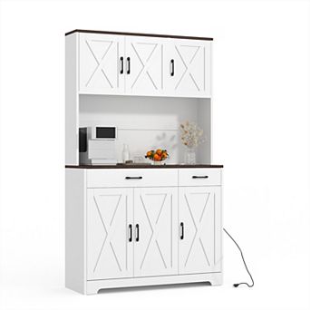 Farmhouse Kitchen Pantry Cabinet, Storage Cabinet with Charging Station