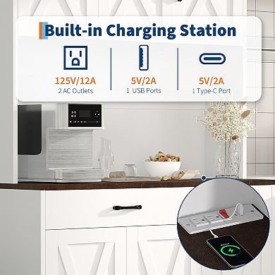 Farmhouse Kitchen Pantry Cabinet, Storage Cabinet with Charging Station