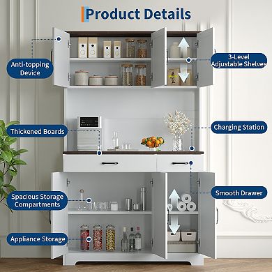 Farmhouse Kitchen Pantry Cabinet, Storage Cabinet with Charging Station