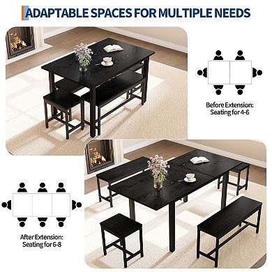 63 in 5-Piece Extendable Dining Table Set Seats 4-8, Modern Wood Top & Metal Frame, Easy Assembly