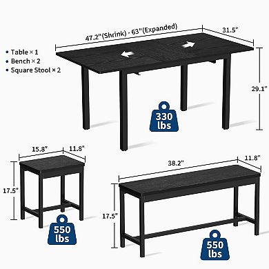 63 in 5-Piece Extendable Dining Table Set Seats 4-8, Modern Wood Top & Metal Frame, Easy Assembly